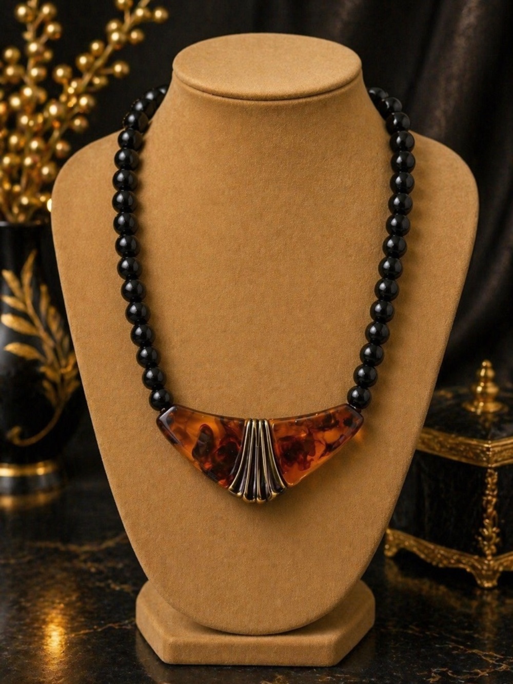 Vintage Style Black Bead Necklace Amber Lucite Pendant 14” 7.5” Drop